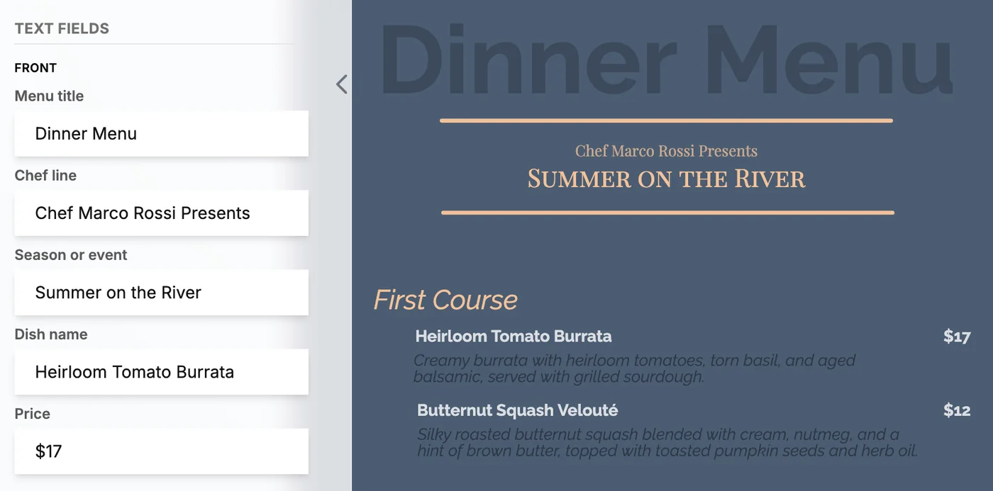 The InkFE editor: boxes for Menu title, Chef line, Season or event, Dish name and Price beside the menu, with the price set to $17