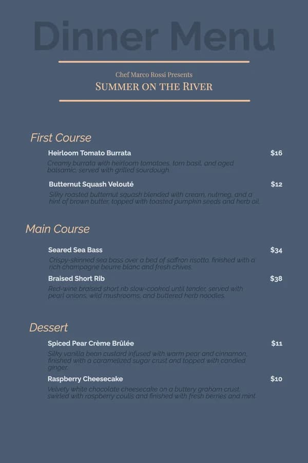 A restaurant's dinner menu as a flat print file