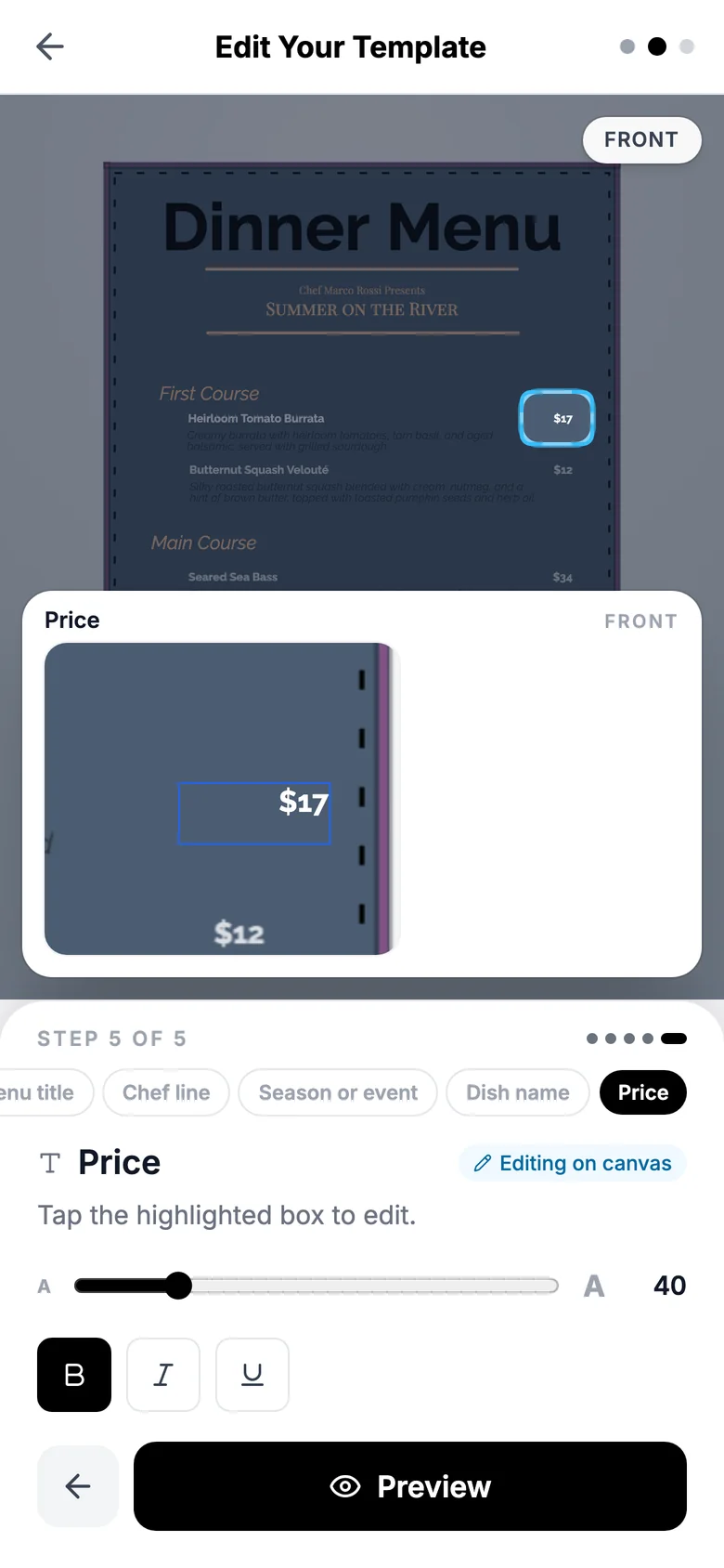 The InkFE editor on a phone, changing the burrata's price on a dinner menu from $16 to $17