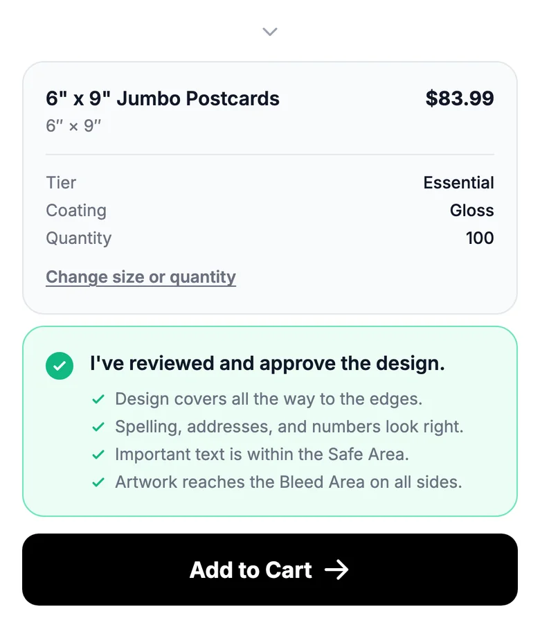 The InkFE review screen on a phone: 6 by 9 inch postcards, Essential, Gloss, quantity 100, an approval checklist and Add to Cart